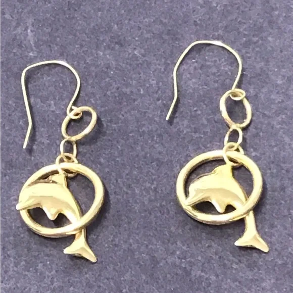 Gold 14k Dolphin jumping through Hoop Drop Earrings Rare vintage ret $850 - Picture 3 of 12